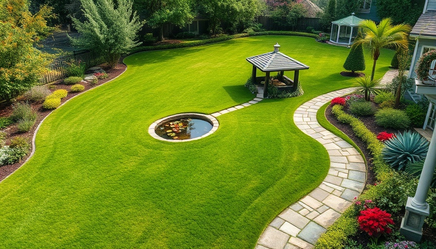 Backyard lawn landscaping design ideas with stone path and gazebo.