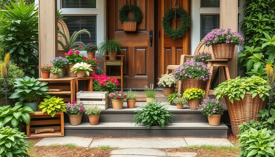 Charming upcycled garden decor with plants in crates on rustic porch.