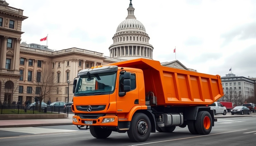 Orange dump truck near Capitol during Military Parade Army 250th Anniversary.