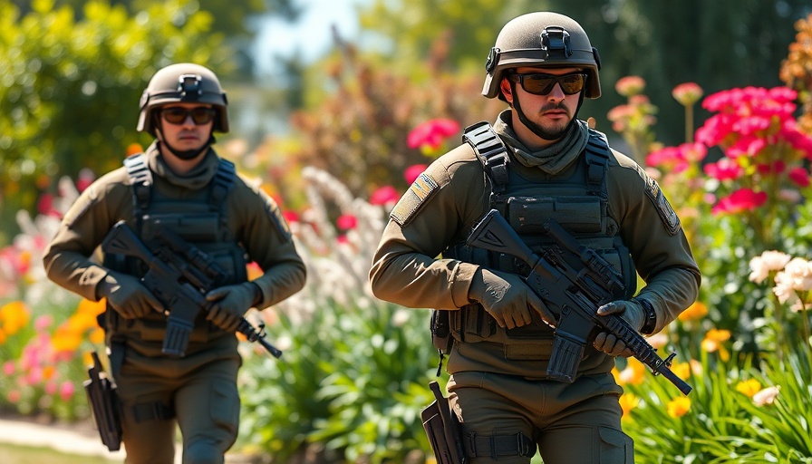 Two soldiers walking in tactical gear during No Kings protests.
