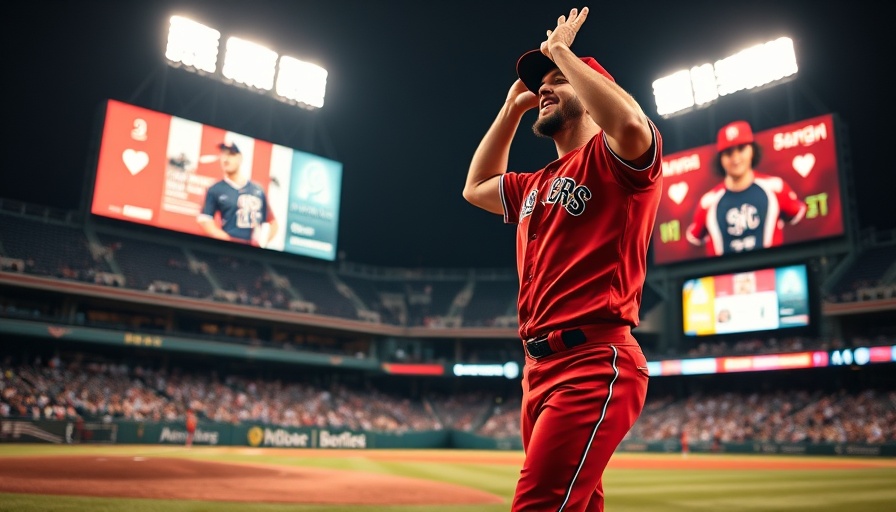 Baseball player in red uniform celebrating on the field at night.