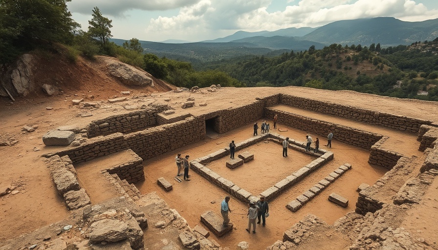 Archaeologists at ancient Roman building dig site surrounded by nature.