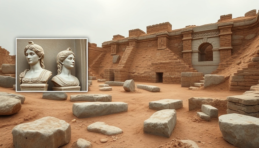 Apollo Sanctuary Discovery: Ancient ruins and marble statues at excavation site.