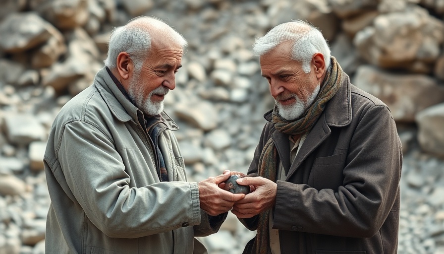 Two men return WWII hero's personal memento outdoors.