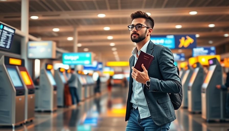 Traveler with passport at airport self-check-in kiosks, advanced passenger processing system.