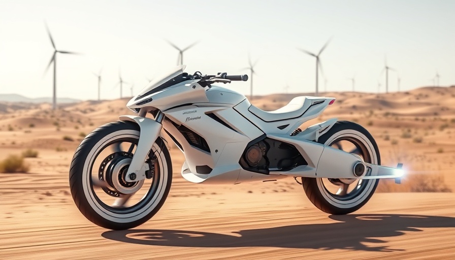 Futuristic hover bike in desert landscape, innovations in transportation