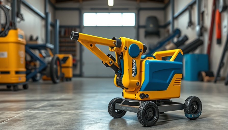 Innovative yellow and blue garage tool demonstration.