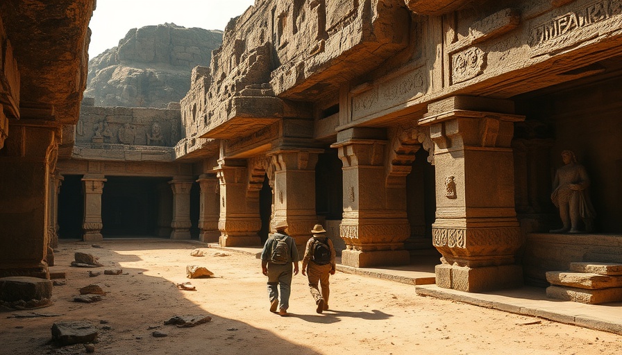 Explorers in ancient Christian tomb complex in Syria with carved stone.