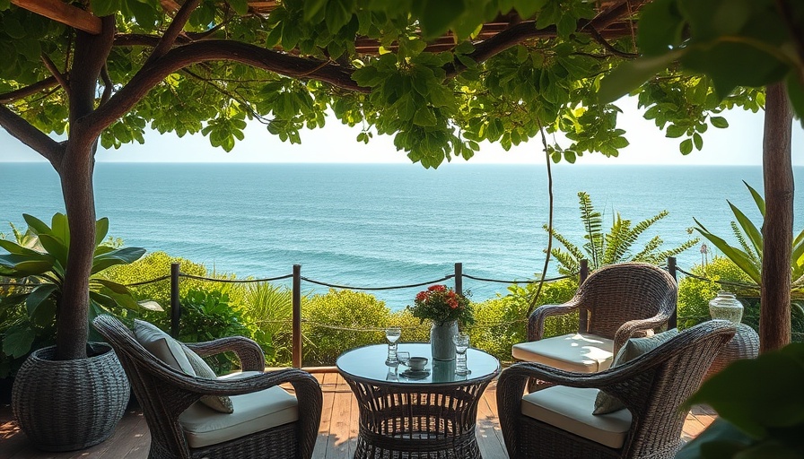 Rustic coastal tea garden with sea view and wicker furniture.
