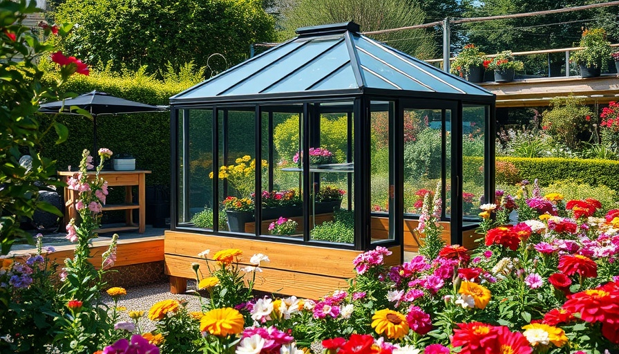 Mini greenhouse surrounded by vibrant garden flowers, year-round gardening oasis.