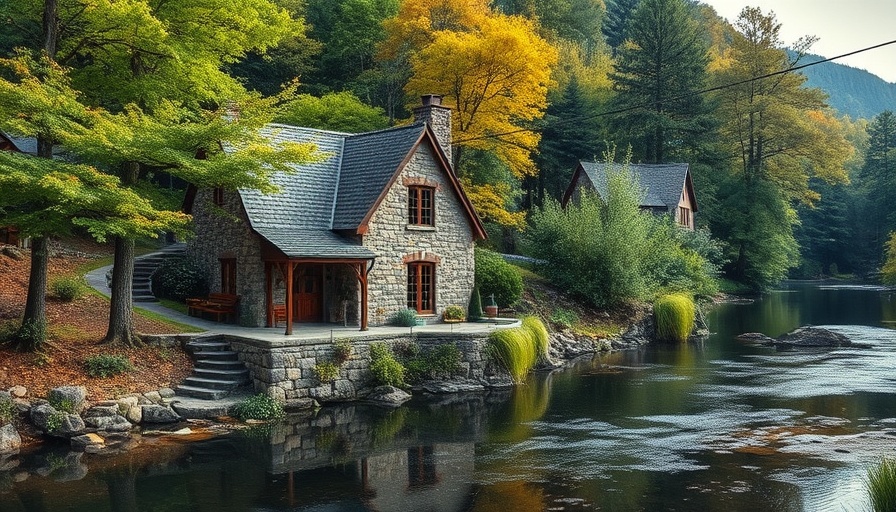 Charming stone house by a river in a lush setting; designing stone houses.