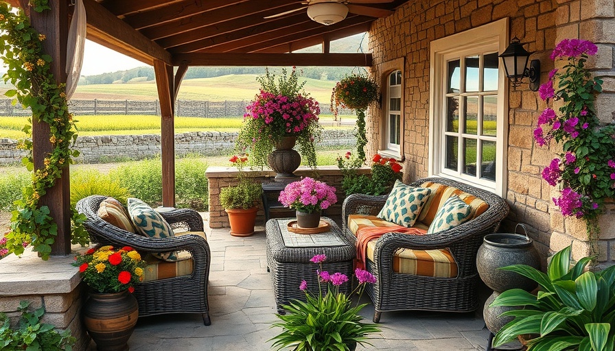 Charming rustic outdoor space with wicker chairs, vibrant flowers.