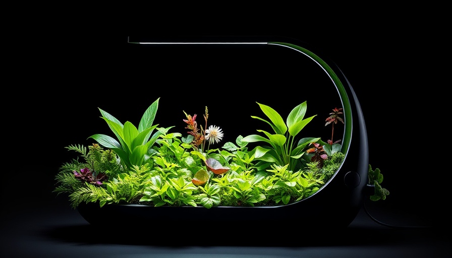 Futuristic smart indoor garden device with lush green foliage.