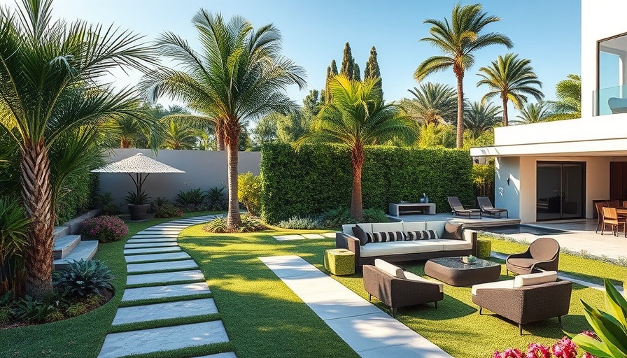 Elegant sideyard landscaping design with greenery and pool.