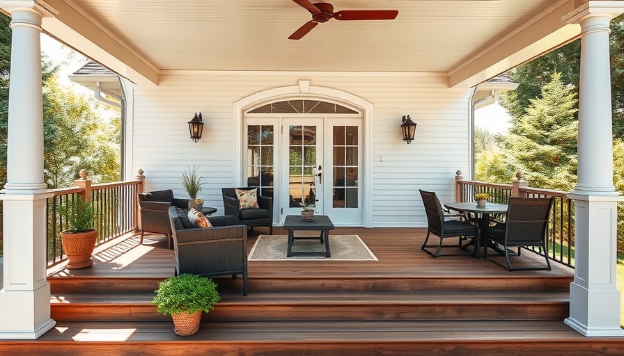 Elegant multi-level front porch deck design with seating and dining areas.