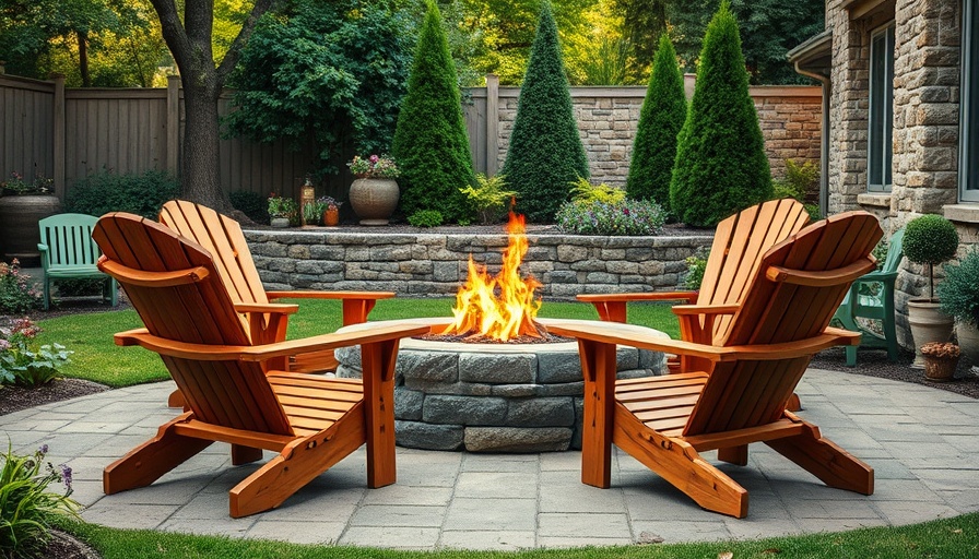 Cozy backyard outdoor seating area with Adirondack chairs and fire pit.