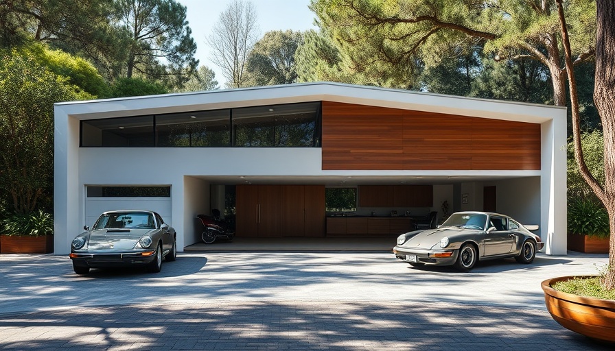 Modern carport garage design ideas with sleek dual-level structure and vintage cars.