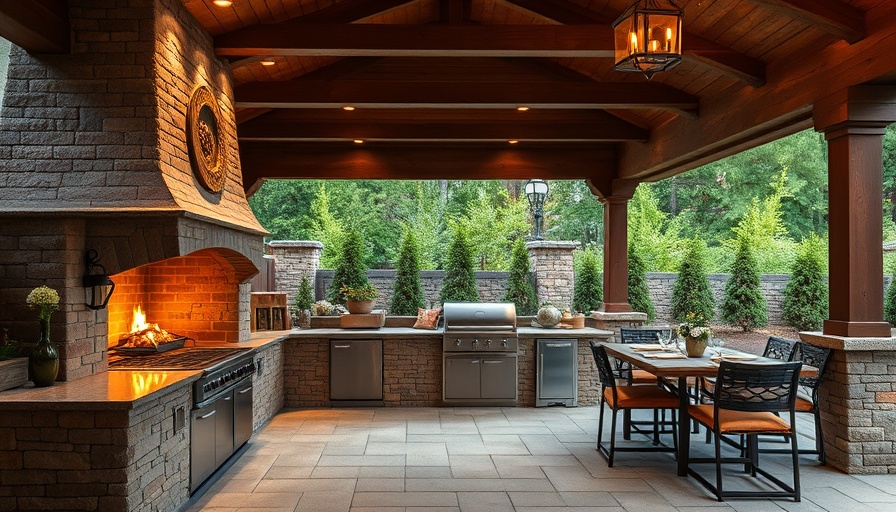 Outdoor kitchen gazebo design inspiration with stone and wood.
