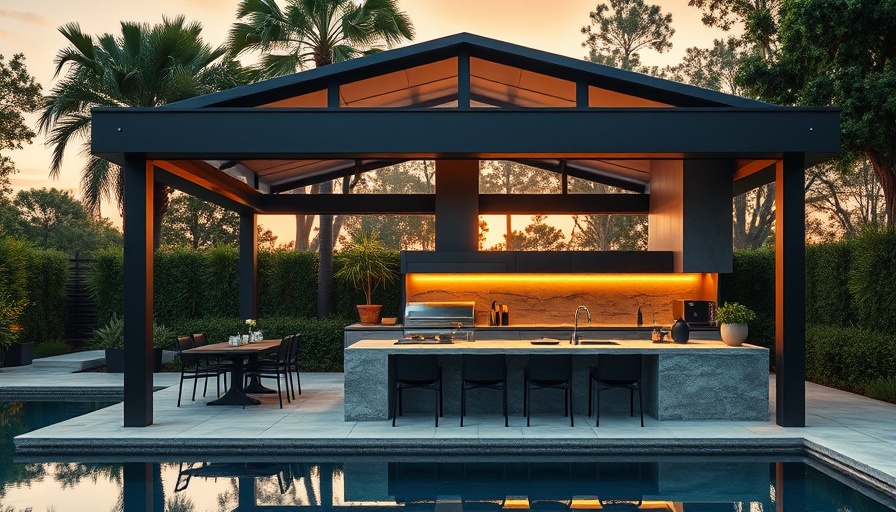 Modern outdoor kitchen gazebo design ideas with dining and pool.