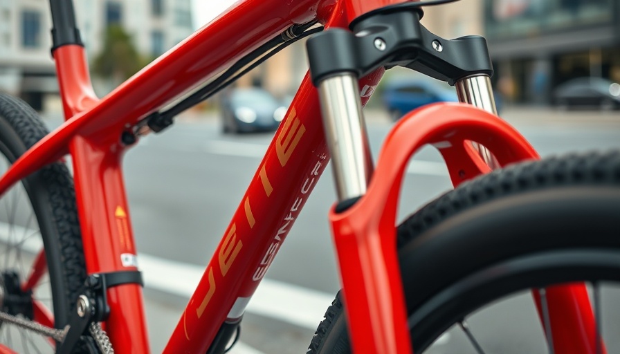 Innovative red bicycle frame design on street; Bicycle Innovations.
