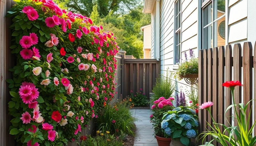 Innovative side yard landscaping with vertical garden, vibrant flowers.