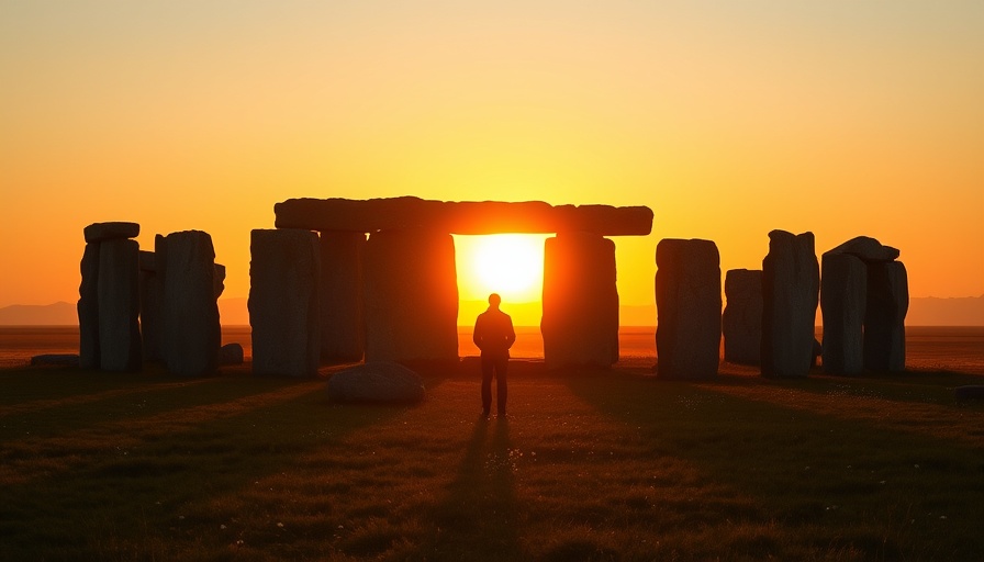 Summer solstice sunrise at stone circle, silhouetted figures.
