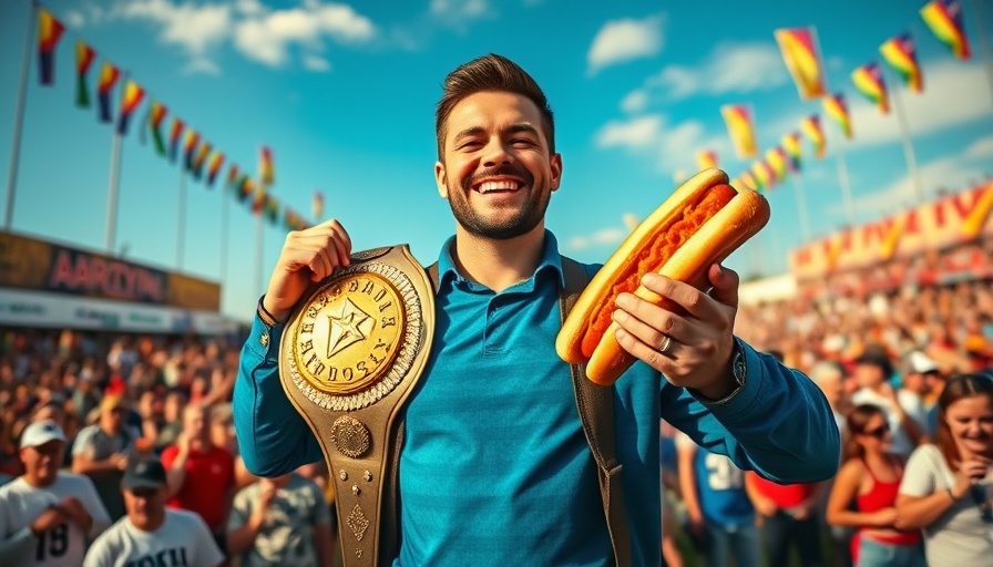 Joey Chestnut wins Nathan's Hot Dog Eating Contest with championship belt.