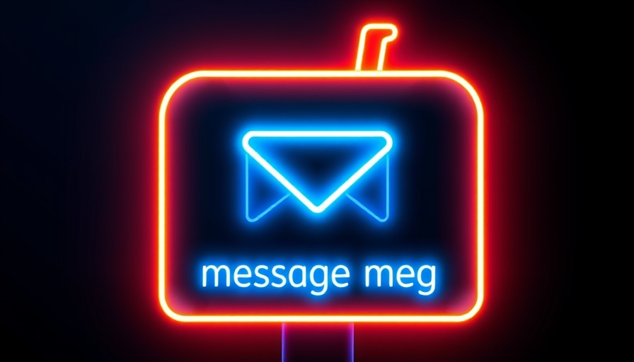 Neon mailbox icon with envelope and 'message meg' text on dark background.