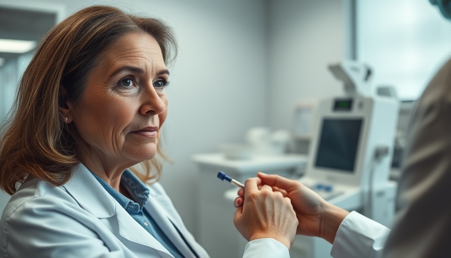 Doctor performing early cancer detection blood test on woman in clinic.