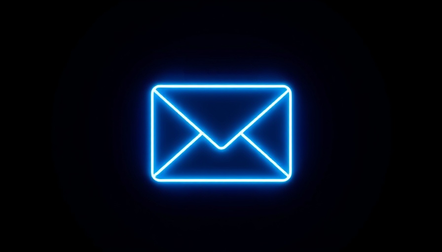 Futuristic neon mailbox outline with envelope on dark background.