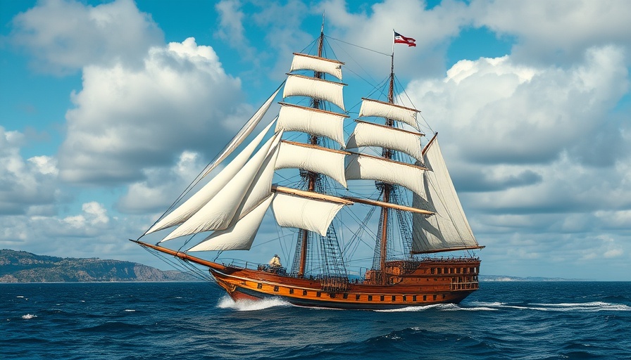 Captain Cook's legendary ship sailing with full sails and flags.