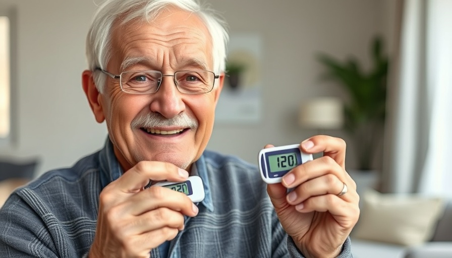Elderly man with reversed pre-diabetes diagnosis, holding glucometer with 120 mg/dL reading.
