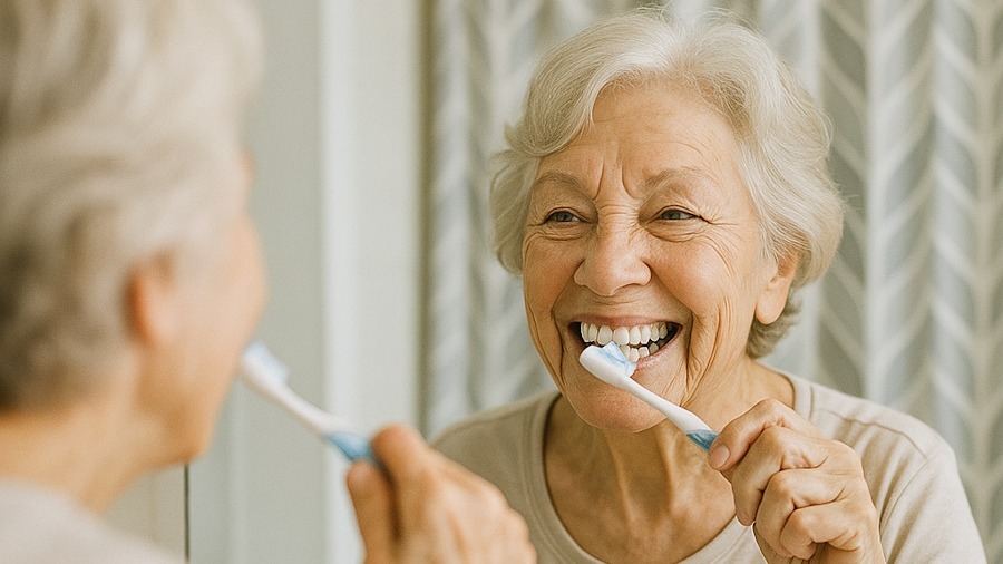 Elderly woman practicing dental care for seniors, smiling while brushing teeth.