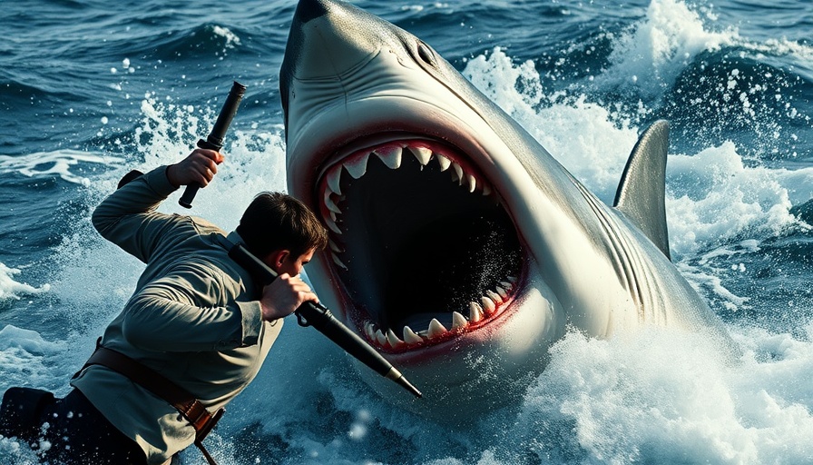 Impact of Jaws on cinema: a man battling a great white shark.