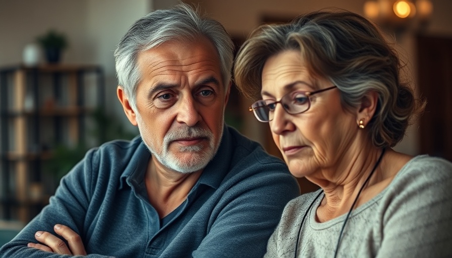 Mature couple discussing bad habits after 50, serious expressions.