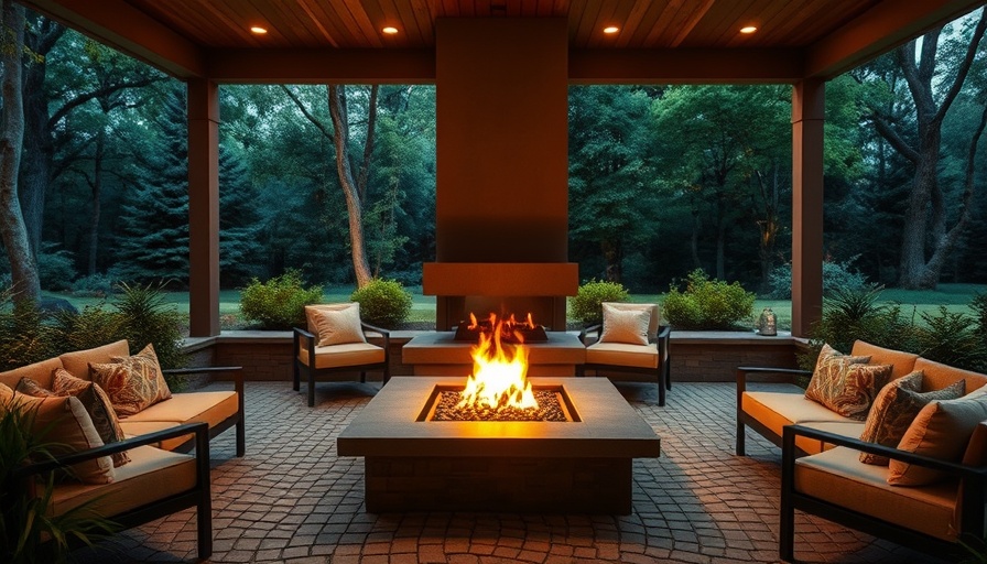 Cozy modern patio with fireplace in lush forest, perfect for outdoor fireplace ideas.