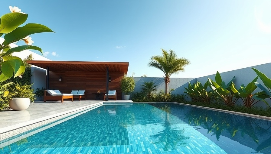 Modern pool landscaping design with greenery and seating area.