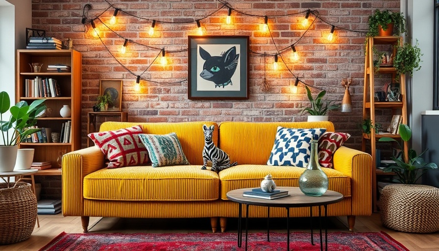 Eclectic living space with a yellow sleeper sofa and vibrant decor.