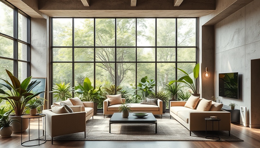 Brutalist home design living room with modern decor and large windows.