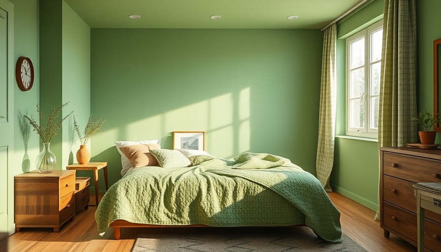 Warm pistachio green bedroom design with a cozy atmosphere.