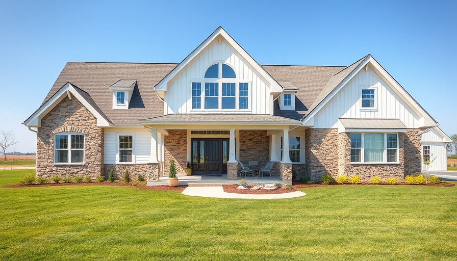 Modern farmhouse design features with white and stone exterior.