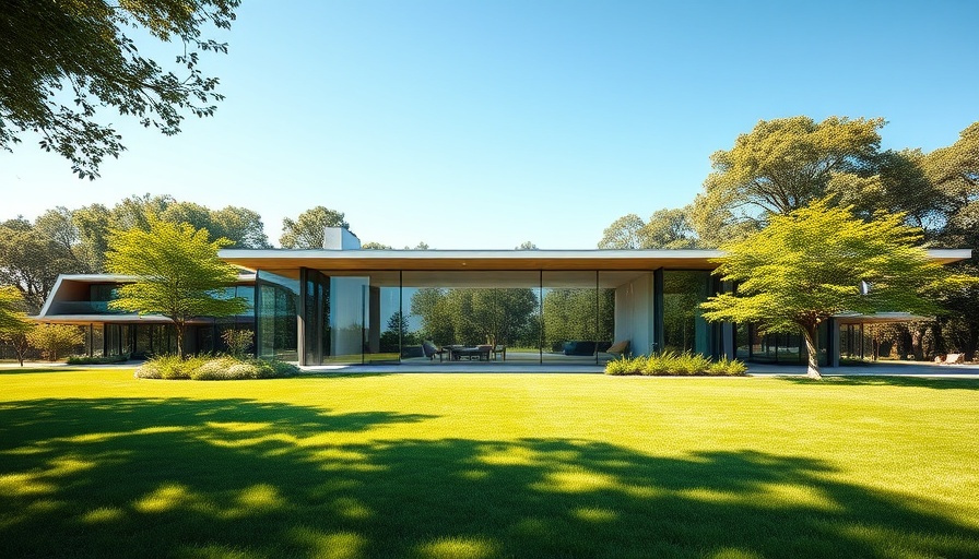 Modern home design in Wyoming with glass facade, spacious lawn, sunny day.