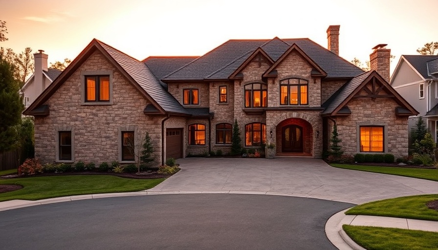 Elegant custom home with stone exterior at sunset, showcasing unique features.