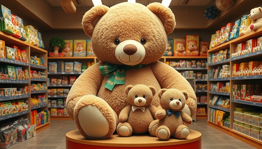 Large teddy bear in toy store highlights toy waste issue.