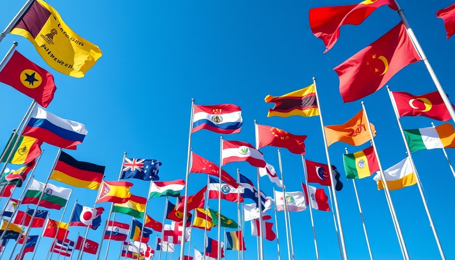 Flags representing global energy transition policy shifts, clear sky backdrop.