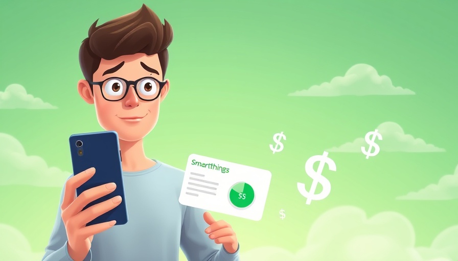 SmartThings energy savings rewards display with character and phone.