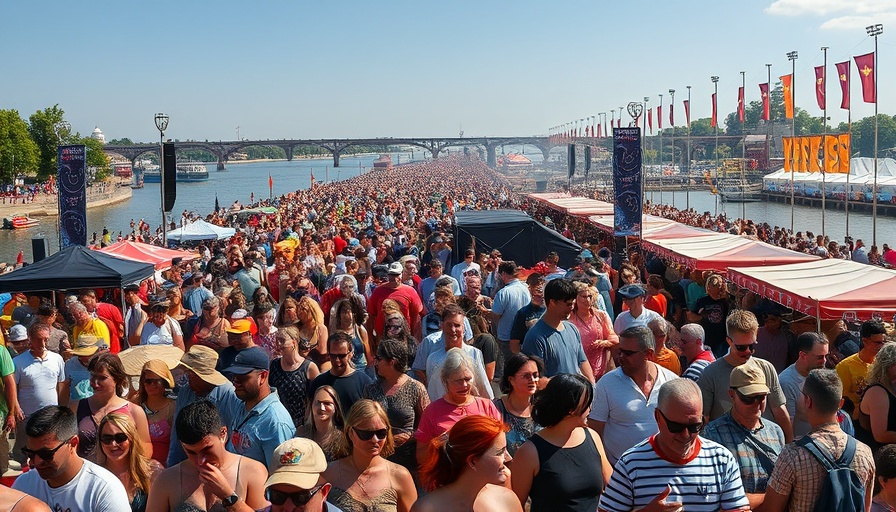 Large crowd at outdoor music festival, vibrant scene.