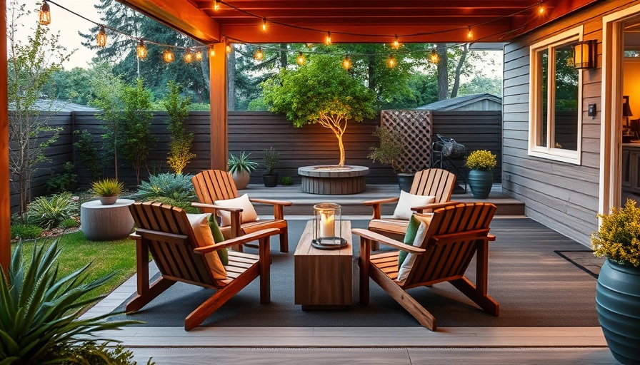 Stylish outdoor seating area with ambient lighting for modern backyard hardscaping ideas.