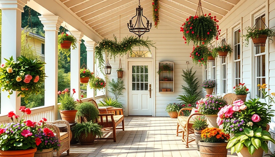 Charming summer farmhouse veranda with vibrant flowers for garden ideas.