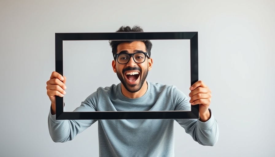 Smiling man holds modern E-ink picture frame indoors.